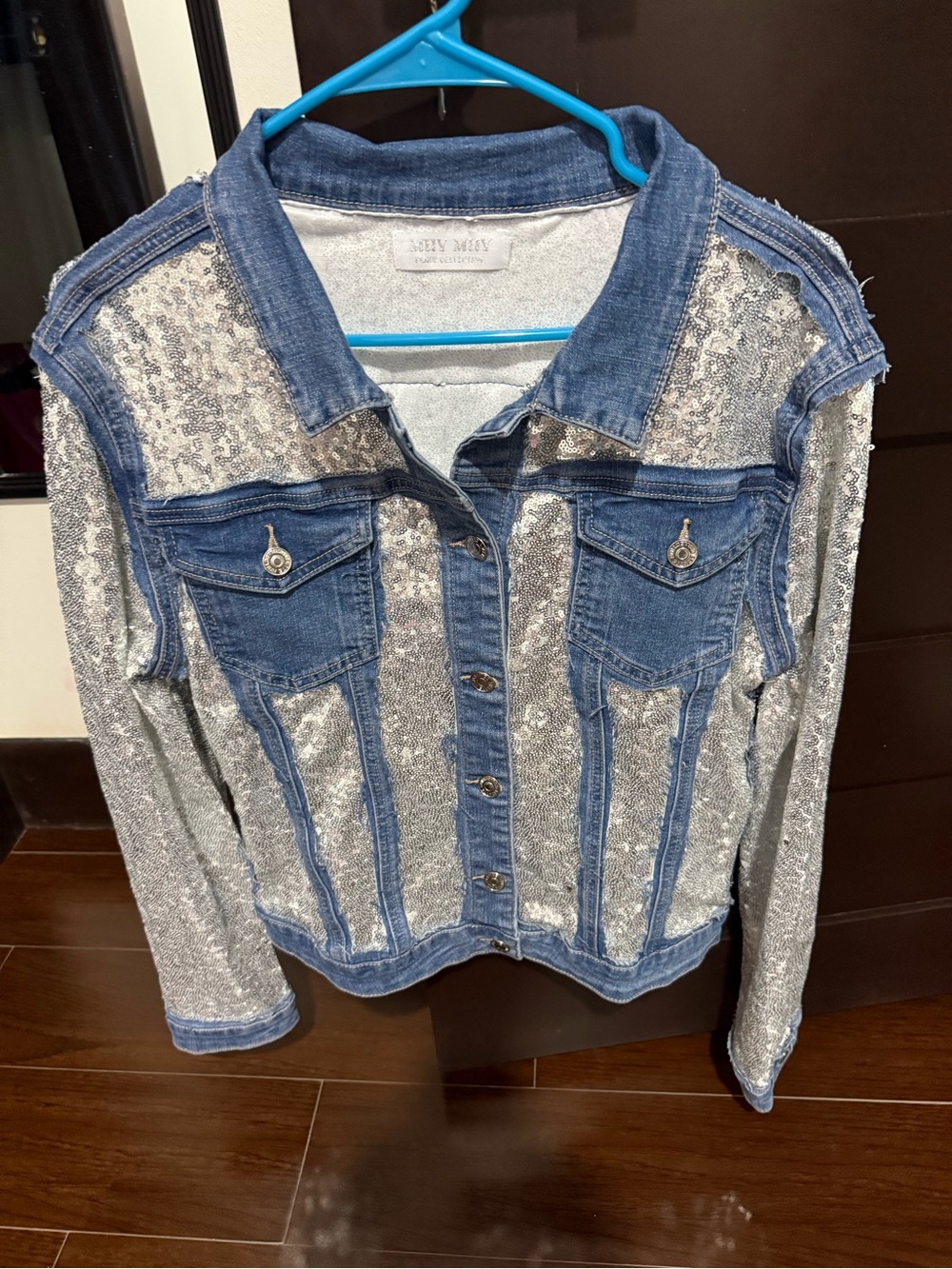 Shiny Mix Denim Sequin Jacket - Silver/Blue